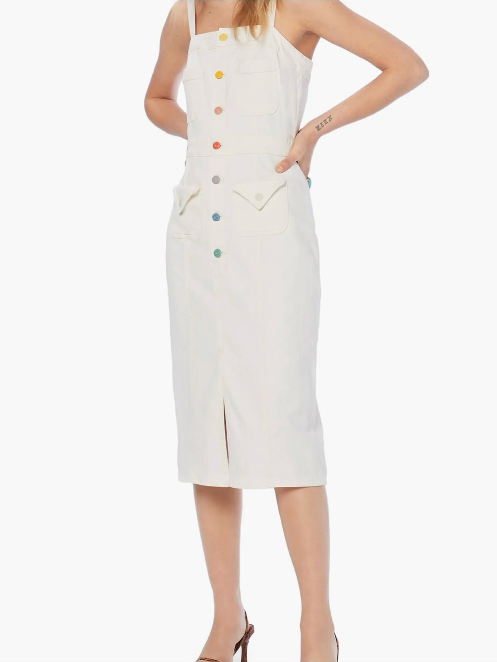 MOTHER Ivory Overall Midi Dress with Rainbow Hardware
